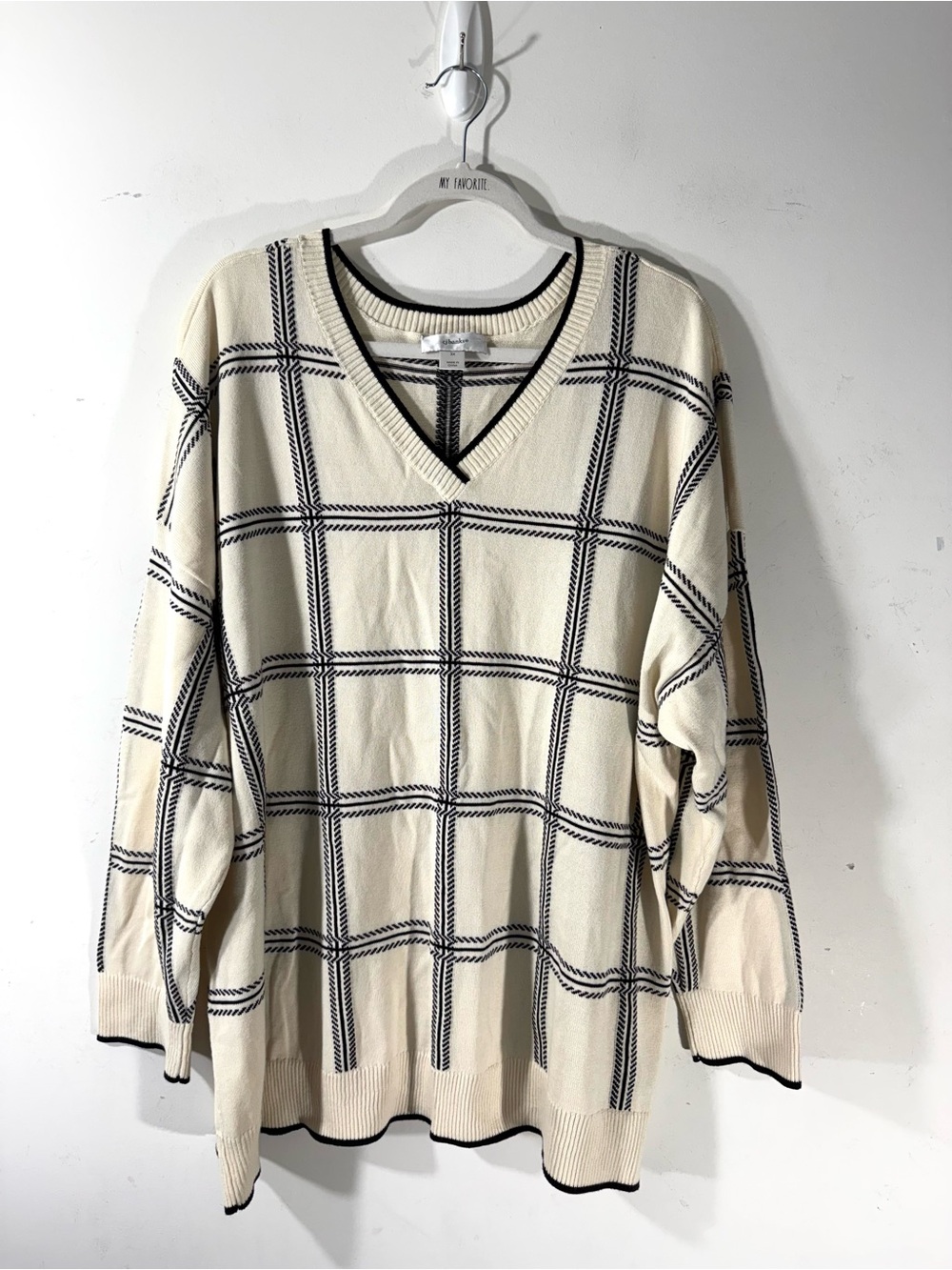 CJ Banks Plaid V neck cotton Sweater black cream plaid 3X